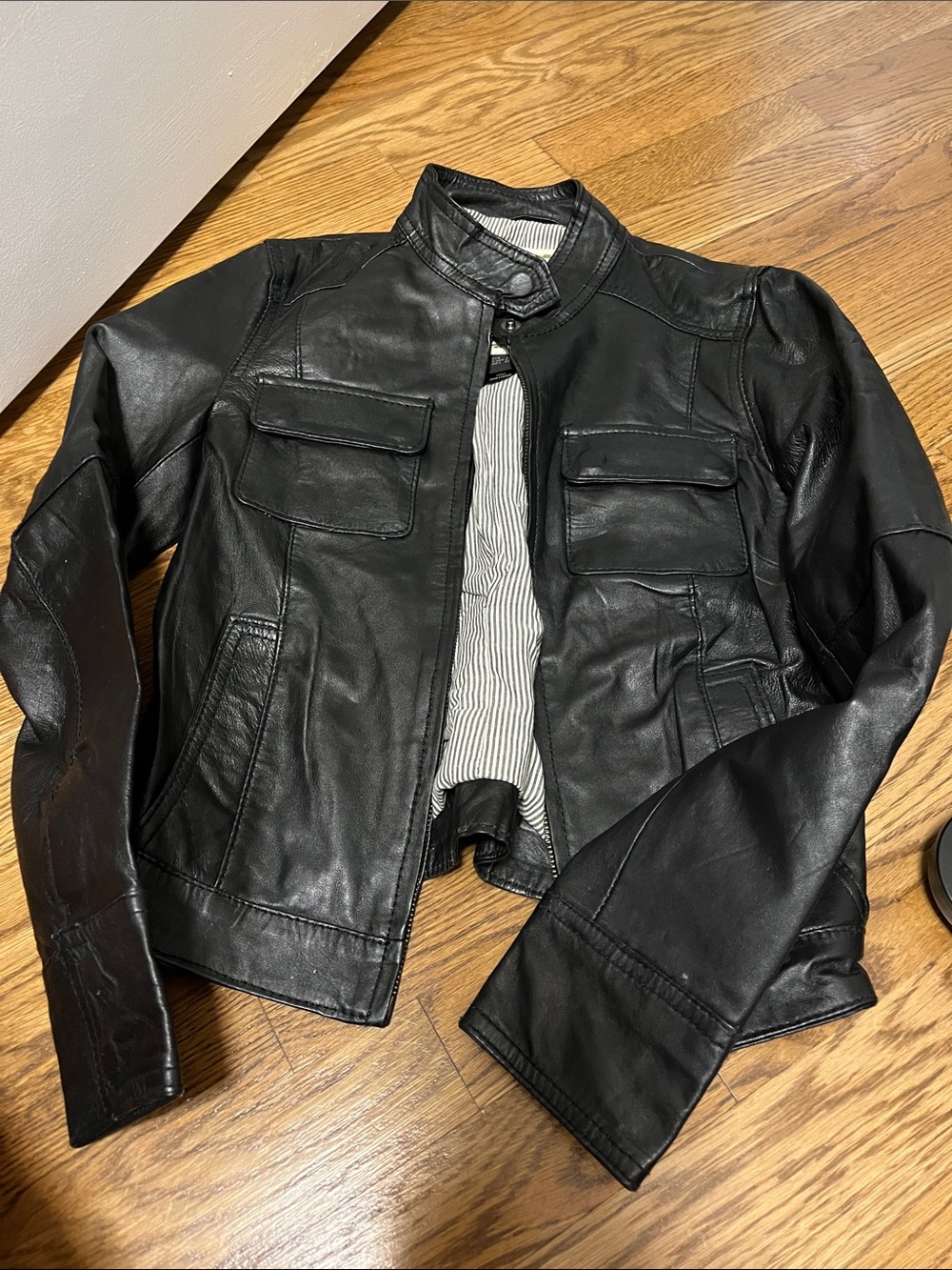 Mango Black Leather Jacket navy and White Striped Lining